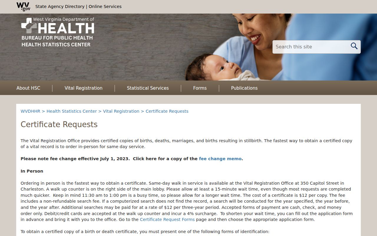 Charleston resident lookup vital certificate request options
