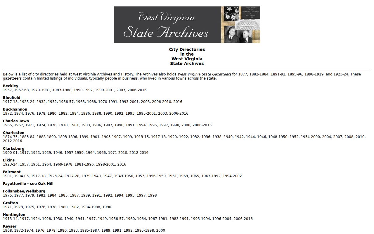 Charleston city directory WV Archives year list